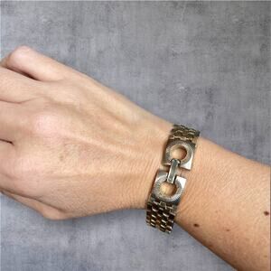 Vintage Two Tone Link Bracelet 7” Heavy 30g Industrial Modernist Clasp